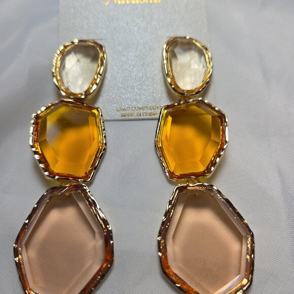 NWT Natasha Yellow & Amber Gem Stone Gold Statement Drop Dangle Earrings - Picture 3 of 3